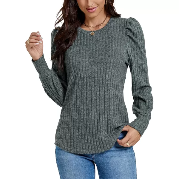 LYANER Women's Rib Knit Puff Long Sleeve Crewneck Casual Basic Tops Sweater Blouse