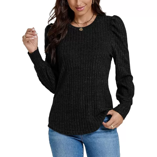 LYANER Women's Rib Knit Puff Long Sleeve Crewneck Casual Basic Tops Sweater Blouse