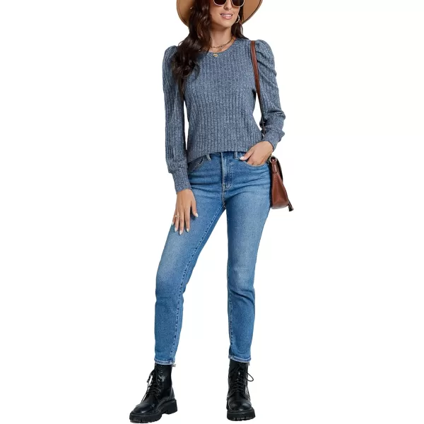 LYANER Women's Rib Knit Puff Long Sleeve Crewneck Casual Basic Tops Sweater Blouse