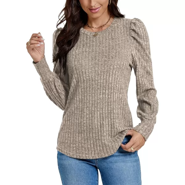 LYANER Women's Rib Knit Puff Long Sleeve Crewneck Casual Basic Tops Sweater Blouse