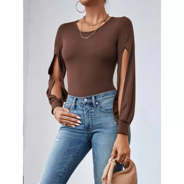 LYANER Women's Rib Knit Round Neck Hollow Out Sides Long Sleeve Leotard Bodysuit Top