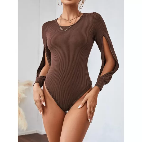 LYANER Women's Rib Knit Round Neck Hollow Out Sides Long Sleeve Leotard Bodysuit Top