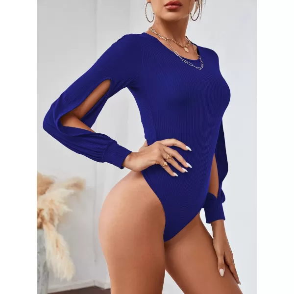 LYANER Women's Rib Knit Round Neck Hollow Out Sides Long Sleeve Leotard Bodysuit Top