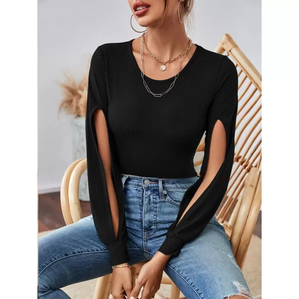 LYANER Women's Rib Knit Round Neck Hollow Out Sides Long Sleeve Leotard Bodysuit Top