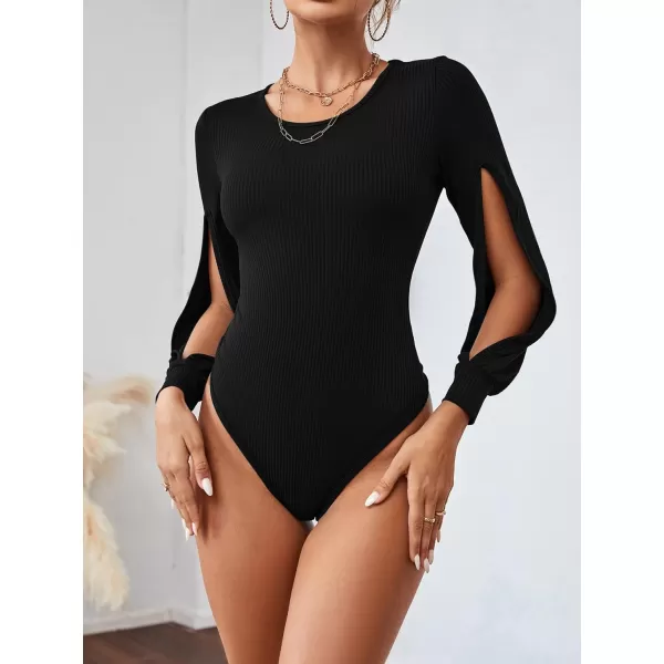 LYANER Women's Rib Knit Round Neck Hollow Out Sides Long Sleeve Leotard Bodysuit Top