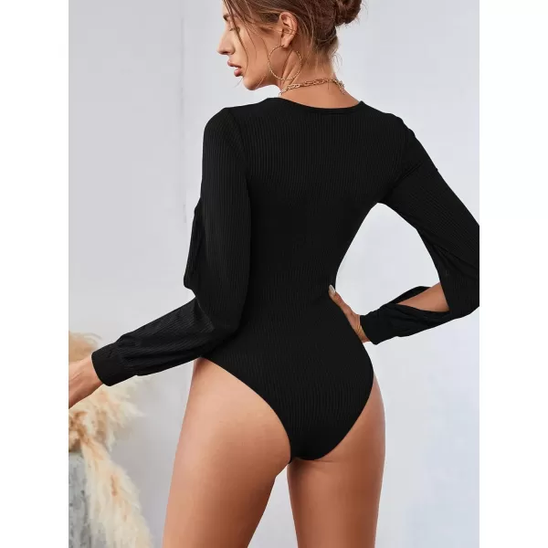 LYANER Women's Rib Knit Round Neck Hollow Out Sides Long Sleeve Leotard Bodysuit Top