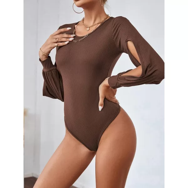 LYANER Women's Rib Knit Round Neck Hollow Out Sides Long Sleeve Leotard Bodysuit Top
