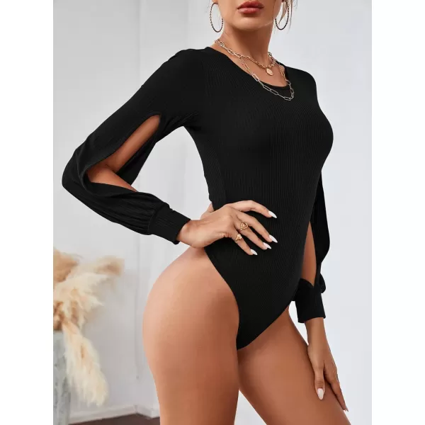 LYANER Women's Rib Knit Round Neck Hollow Out Sides Long Sleeve Leotard Bodysuit Top