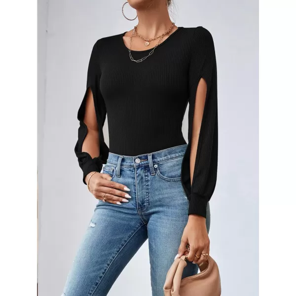 LYANER Women's Rib Knit Round Neck Hollow Out Sides Long Sleeve Leotard Bodysuit Top