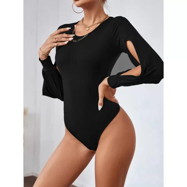 LYANER Women's Rib Knit Round Neck Hollow Out Sides Long Sleeve Leotard Bodysuit Top