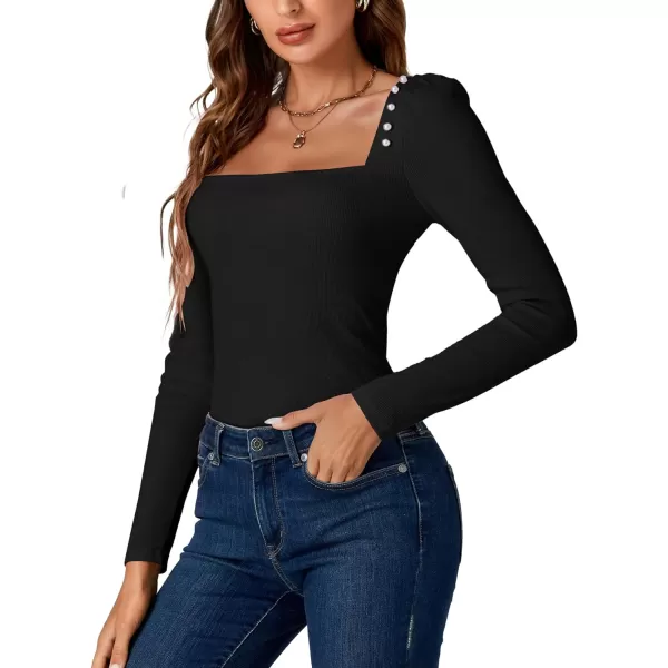 LYANER Women's Rib Knit Square Neck Long Sleeve Elegant Slim Basic Sweater Top Blouse