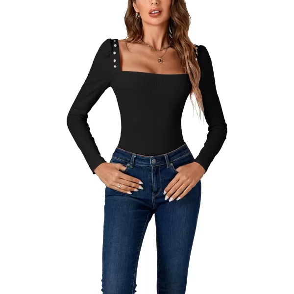 LYANER Women's Rib Knit Square Neck Long Sleeve Elegant Slim Basic Sweater Top Blouse