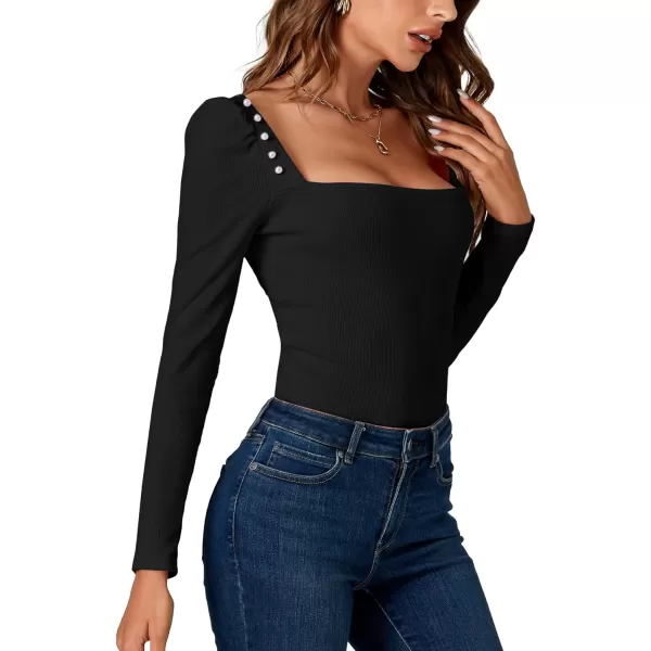 LYANER Women's Rib Knit Square Neck Long Sleeve Elegant Slim Basic Sweater Top Blouse