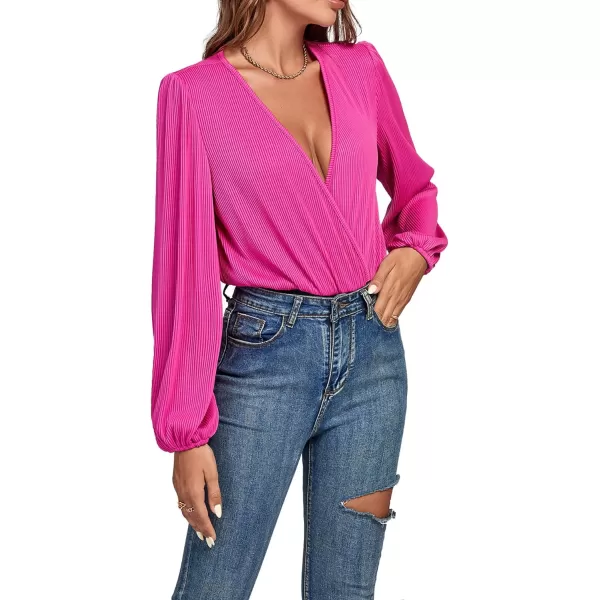 LYANER Women's Rib Knit Wraped V Neck Puff Long Sleeve Bodysuit Leotard Top