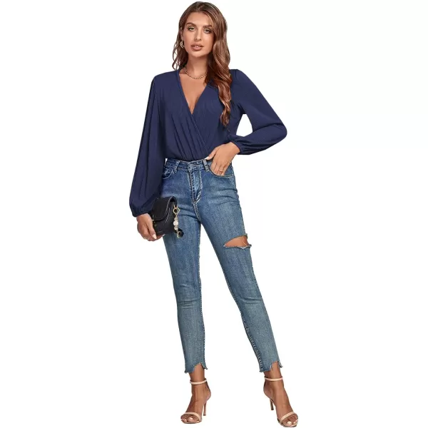 LYANER Women's Rib Knit Wraped V Neck Puff Long Sleeve Bodysuit Leotard Top