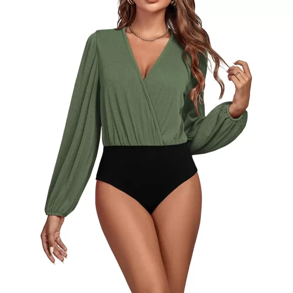 LYANER Women's Rib Knit Wraped V Neck Puff Long Sleeve Bodysuit Leotard Top