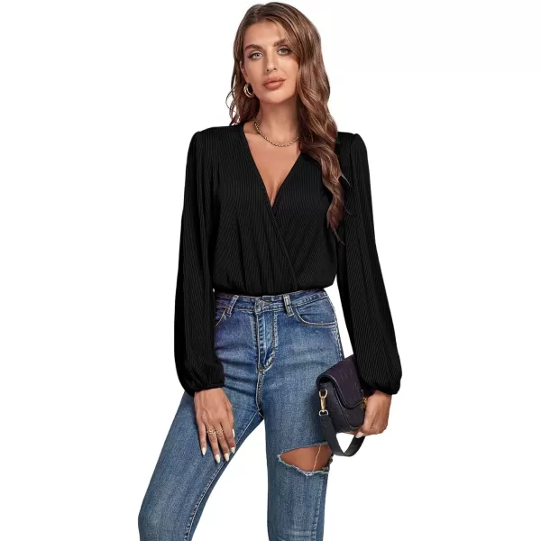 LYANER Women's Rib Knit Wraped V Neck Puff Long Sleeve Bodysuit Leotard Top