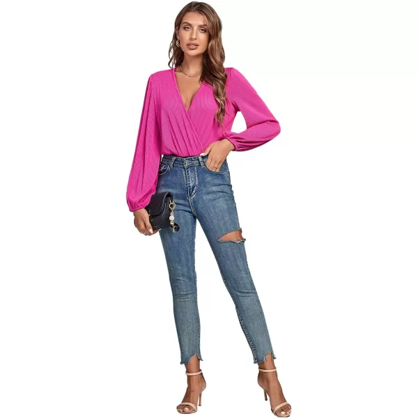 LYANER Women's Rib Knit Wraped V Neck Puff Long Sleeve Bodysuit Leotard Top
