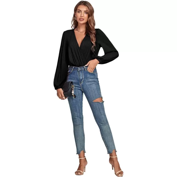 LYANER Women's Rib Knit Wraped V Neck Puff Long Sleeve Bodysuit Leotard Top