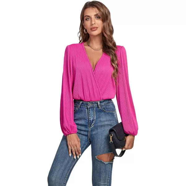 LYANER Women's Rib Knit Wraped V Neck Puff Long Sleeve Bodysuit Leotard Top