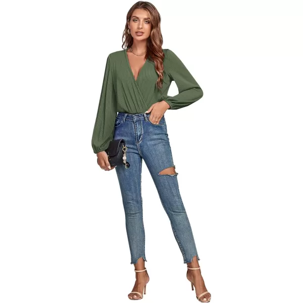 LYANER Women's Rib Knit Wraped V Neck Puff Long Sleeve Bodysuit Leotard Top