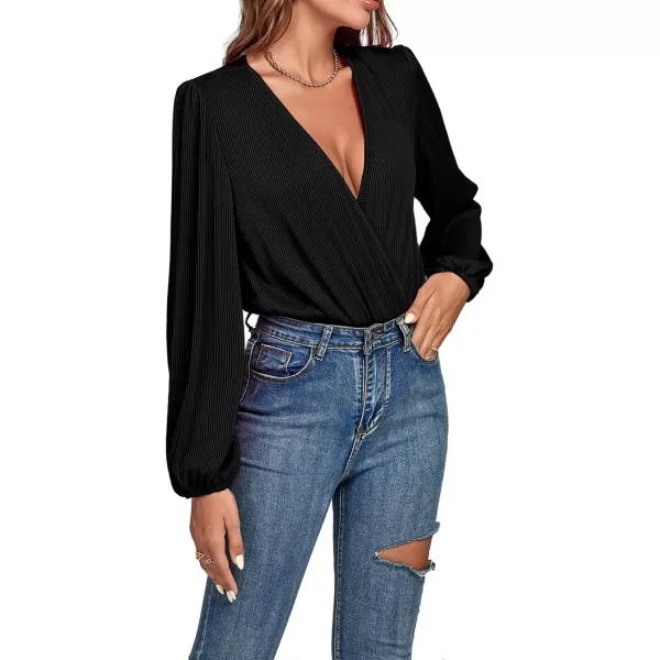 LYANER Women's Rib Knit Wraped V Neck Puff Long Sleeve Bodysuit Leotard Top