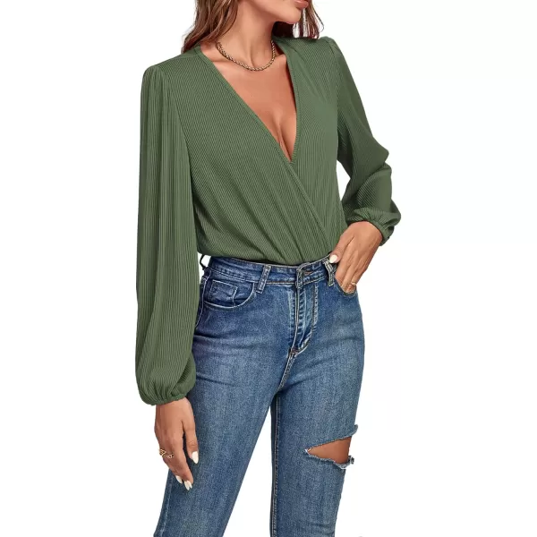 LYANER Women's Rib Knit Wraped V Neck Puff Long Sleeve Bodysuit Leotard Top