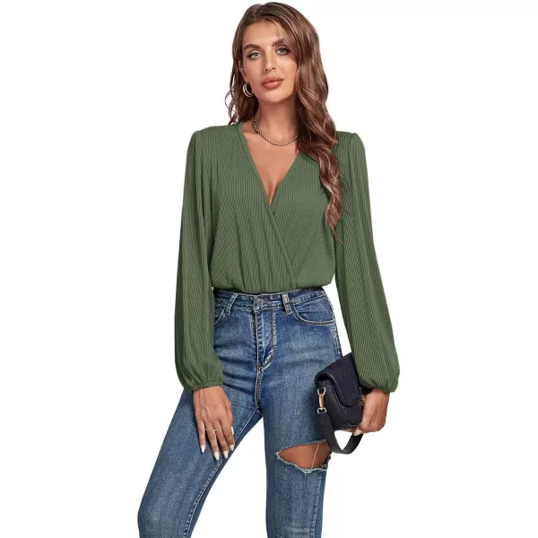 LYANER Women's Rib Knit Wraped V Neck Puff Long Sleeve Bodysuit Leotard Top