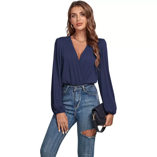 LYANER Women's Rib Knit Wraped V Neck Puff Long Sleeve Bodysuit Leotard Top