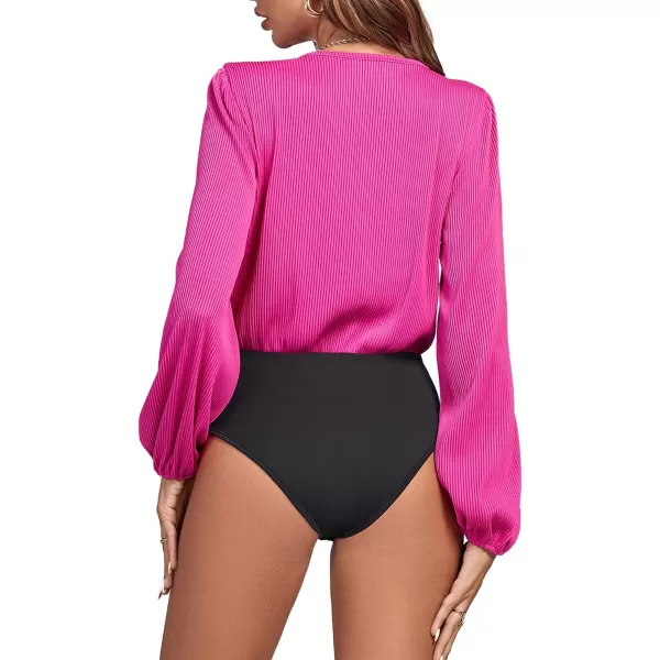 LYANER Women's Rib Knit Wraped V Neck Puff Long Sleeve Bodysuit Leotard Top