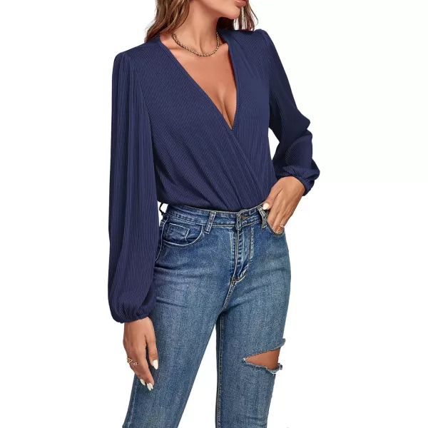 LYANER Women's Rib Knit Wraped V Neck Puff Long Sleeve Bodysuit Leotard Top