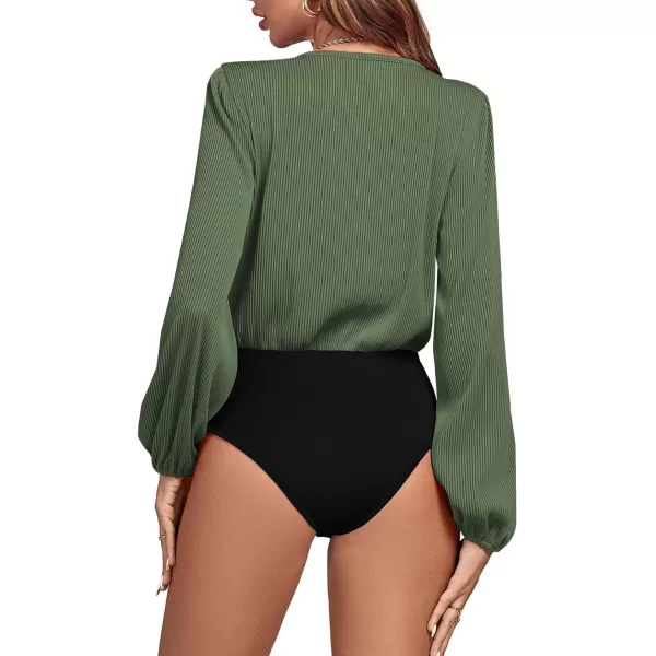 LYANER Women's Rib Knit Wraped V Neck Puff Long Sleeve Bodysuit Leotard Top