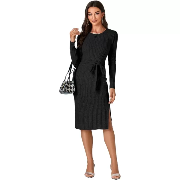 LYANER Women's Ribb Knit Crewneck Long Sleeve Tie Waist Slit Slim Sweater Midi Dress