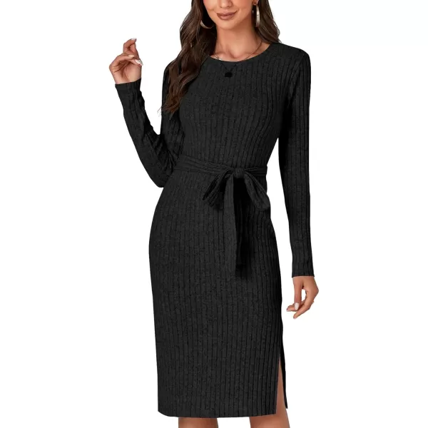 LYANER Women's Ribb Knit Crewneck Long Sleeve Tie Waist Slit Slim Sweater Midi Dress
