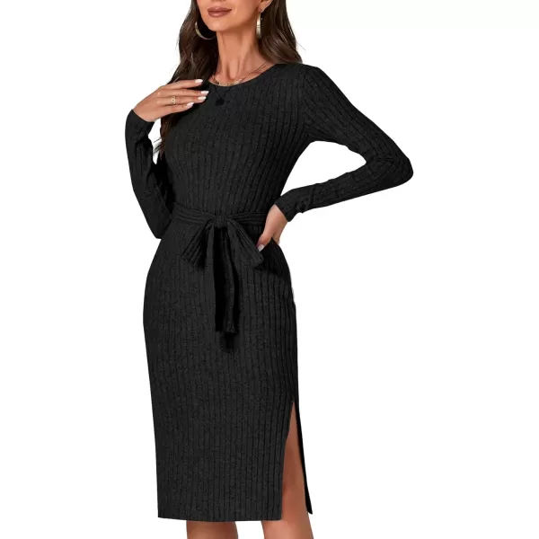 LYANER Women's Ribb Knit Crewneck Long Sleeve Tie Waist Slit Slim Sweater Midi Dress