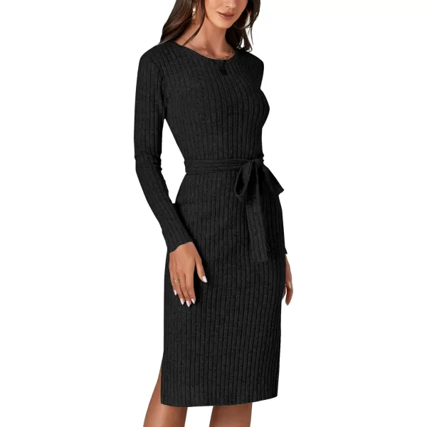 LYANER Women's Ribb Knit Crewneck Long Sleeve Tie Waist Slit Slim Sweater Midi Dress