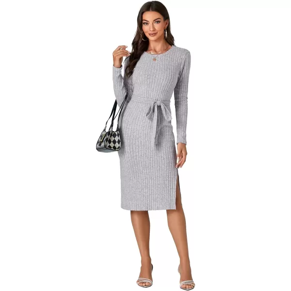 LYANER Women's Ribb Knit Crewneck Long Sleeve Tie Waist Slit Slim Sweater Midi Dress