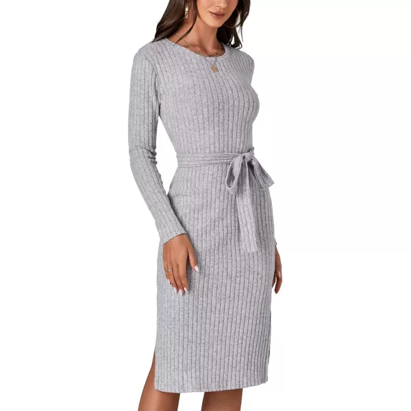 LYANER Women's Ribb Knit Crewneck Long Sleeve Tie Waist Slit Slim Sweater Midi Dress