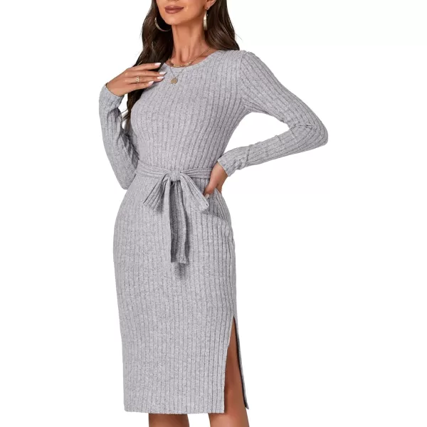 LYANER Women's Ribb Knit Crewneck Long Sleeve Tie Waist Slit Slim Sweater Midi Dress