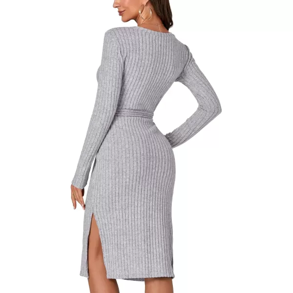 LYANER Women's Ribb Knit Crewneck Long Sleeve Tie Waist Slit Slim Sweater Midi Dress
