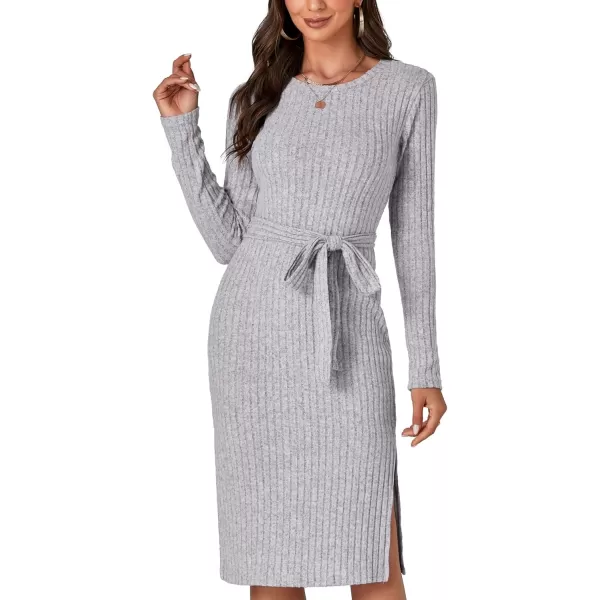 LYANER Women's Ribb Knit Crewneck Long Sleeve Tie Waist Slit Slim Sweater Midi Dress