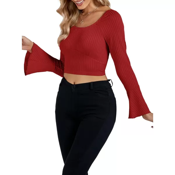 LYANER Women's Ribbed Knit Bell Long Sleeve Scoop Neck Crop Top Slim Fit Tee Shirt
