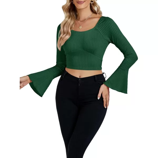 LYANER Women's Ribbed Knit Bell Long Sleeve Scoop Neck Crop Top Slim Fit Tee Shirt