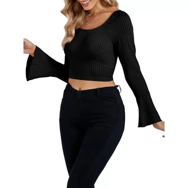 LYANER Women's Ribbed Knit Bell Long Sleeve Scoop Neck Crop Top Slim Fit Tee Shirt