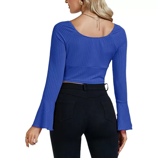 LYANER Women's Ribbed Knit Bell Long Sleeve Scoop Neck Crop Top Slim Fit Tee Shirt