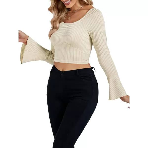 LYANER Women's Ribbed Knit Bell Long Sleeve Scoop Neck Crop Top Slim Fit Tee Shirt