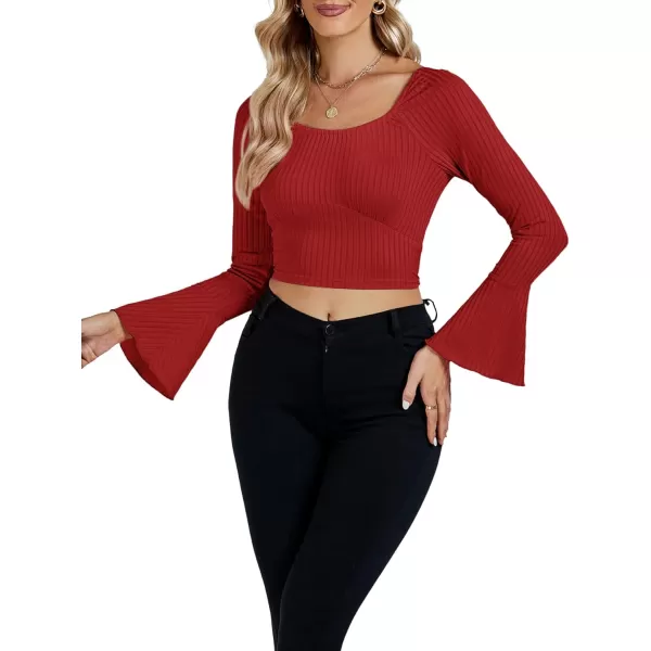 LYANER Women's Ribbed Knit Bell Long Sleeve Scoop Neck Crop Top Slim Fit Tee Shirt