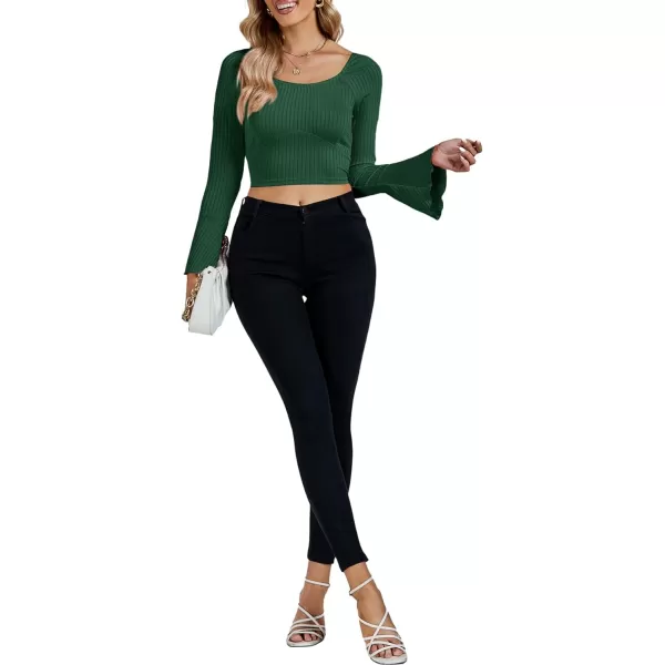 LYANER Women's Ribbed Knit Bell Long Sleeve Scoop Neck Crop Top Slim Fit Tee Shirt