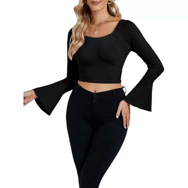 LYANER Women's Ribbed Knit Bell Long Sleeve Scoop Neck Crop Top Slim Fit Tee Shirt