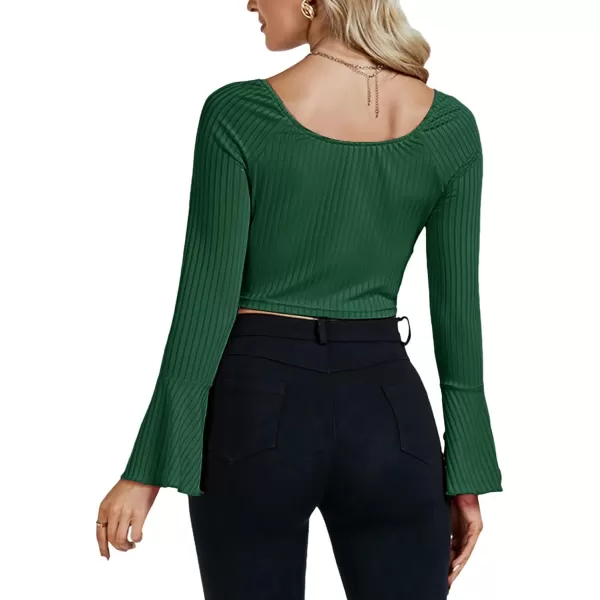 LYANER Women's Ribbed Knit Bell Long Sleeve Scoop Neck Crop Top Slim Fit Tee Shirt